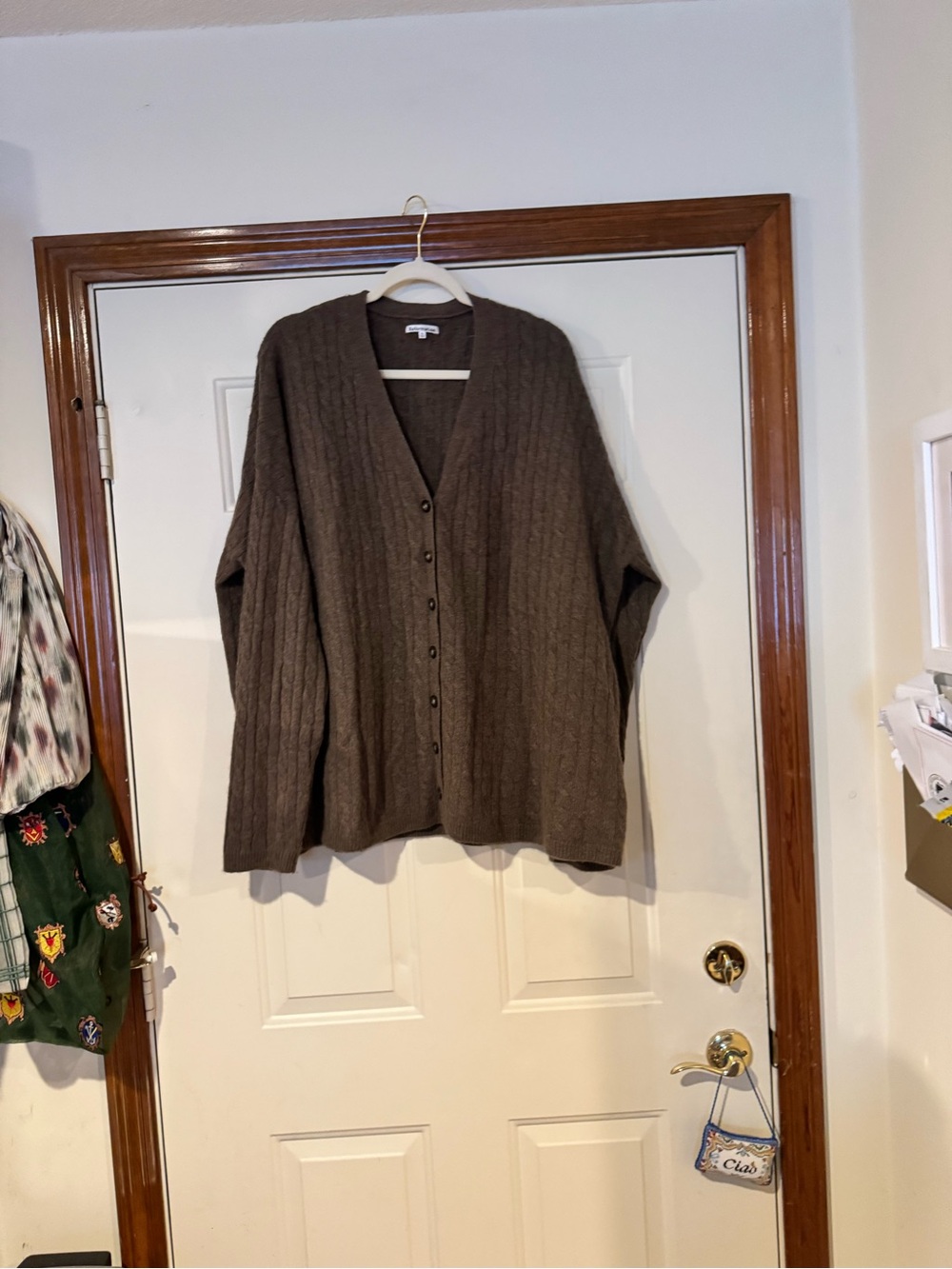 Reformation Cashmere Oversized Brown Cable Knit V-Neck Cardigan Sweater - Picture 2 of 6